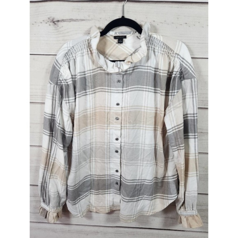 Ann Taylor Womens Multicolor Plaid Ruffle Long Sleeve Button Front Blouse Size M